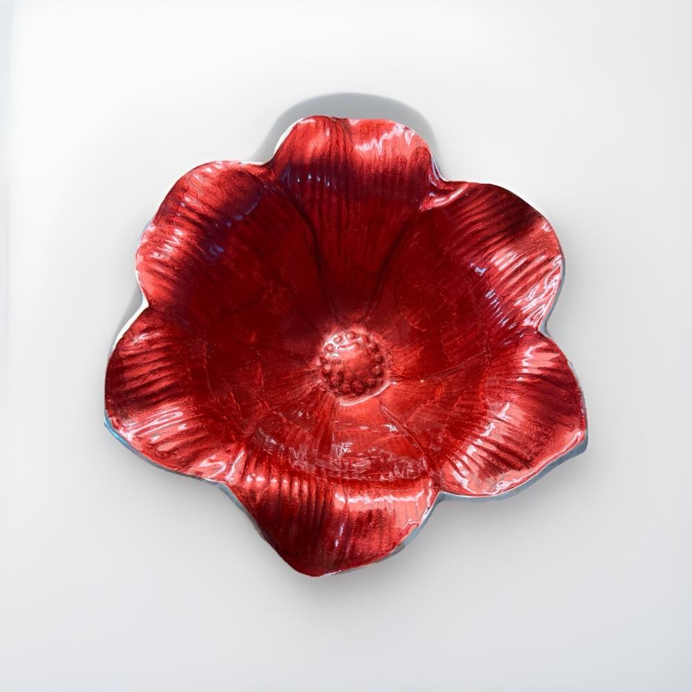 Julia Knight Pomegranite Lily Enamel Aluminum Lily Signed Bowl 8 Inches